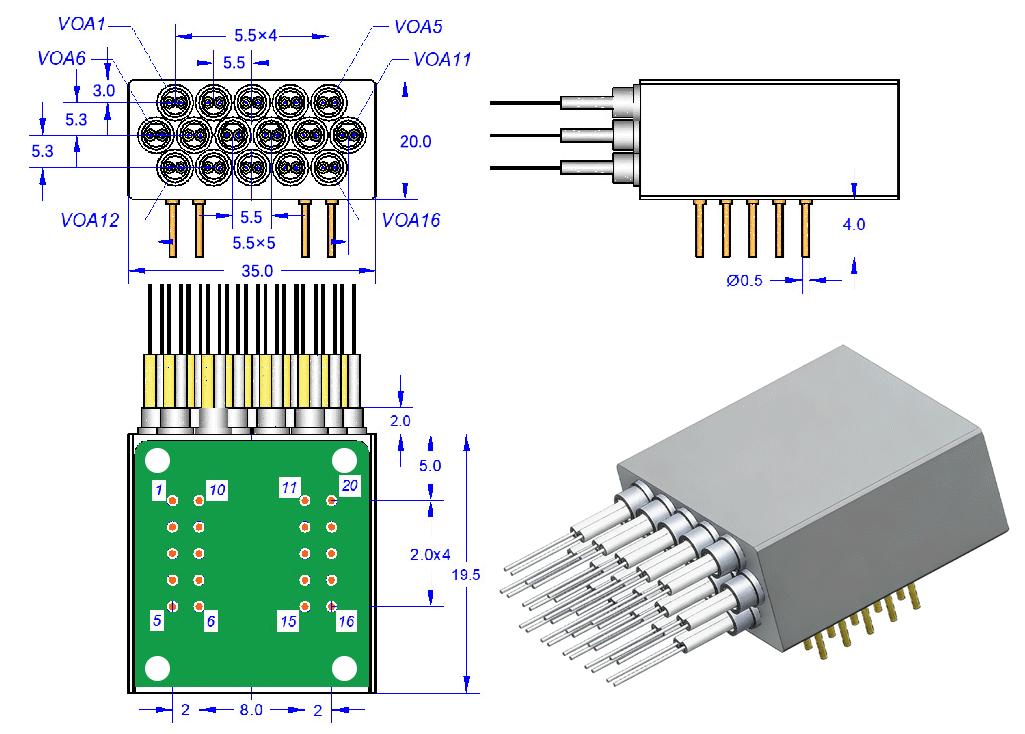 MEMS可變衰減陣列產(chǎn)品尺寸圖 - 可毅光通信 MEMS可變衰減陣列產(chǎn)品尺寸圖 - 可毅光通信